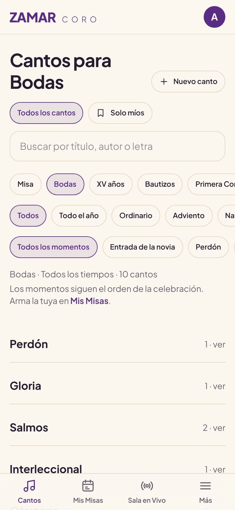 Cantos para Bodas en Zamar, ordenados por los momentos de la celebración